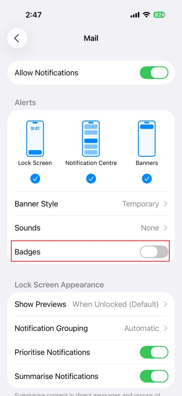 برداشتن تیک گزینه‌ی Badges در تنظیمات نوتیفیکشن اپلیکیشن Mail