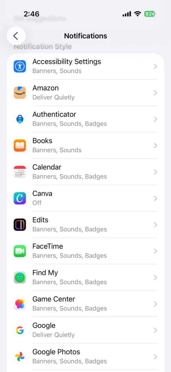 صفحه‌ی Notifications در تنظیمات آیفون