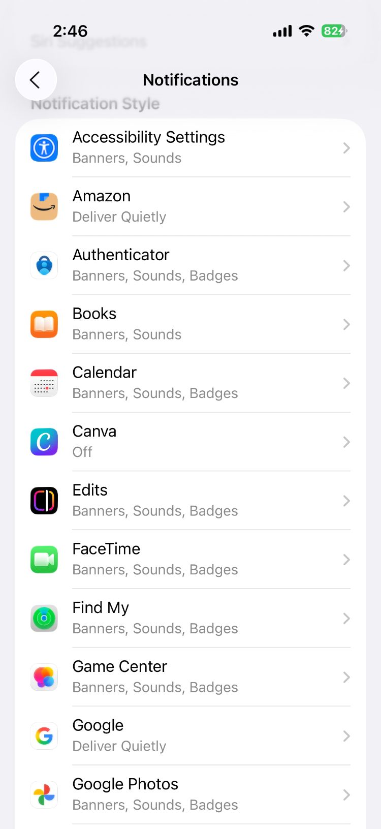 صفحه‌ی Notifications در تنظیمات آیفون