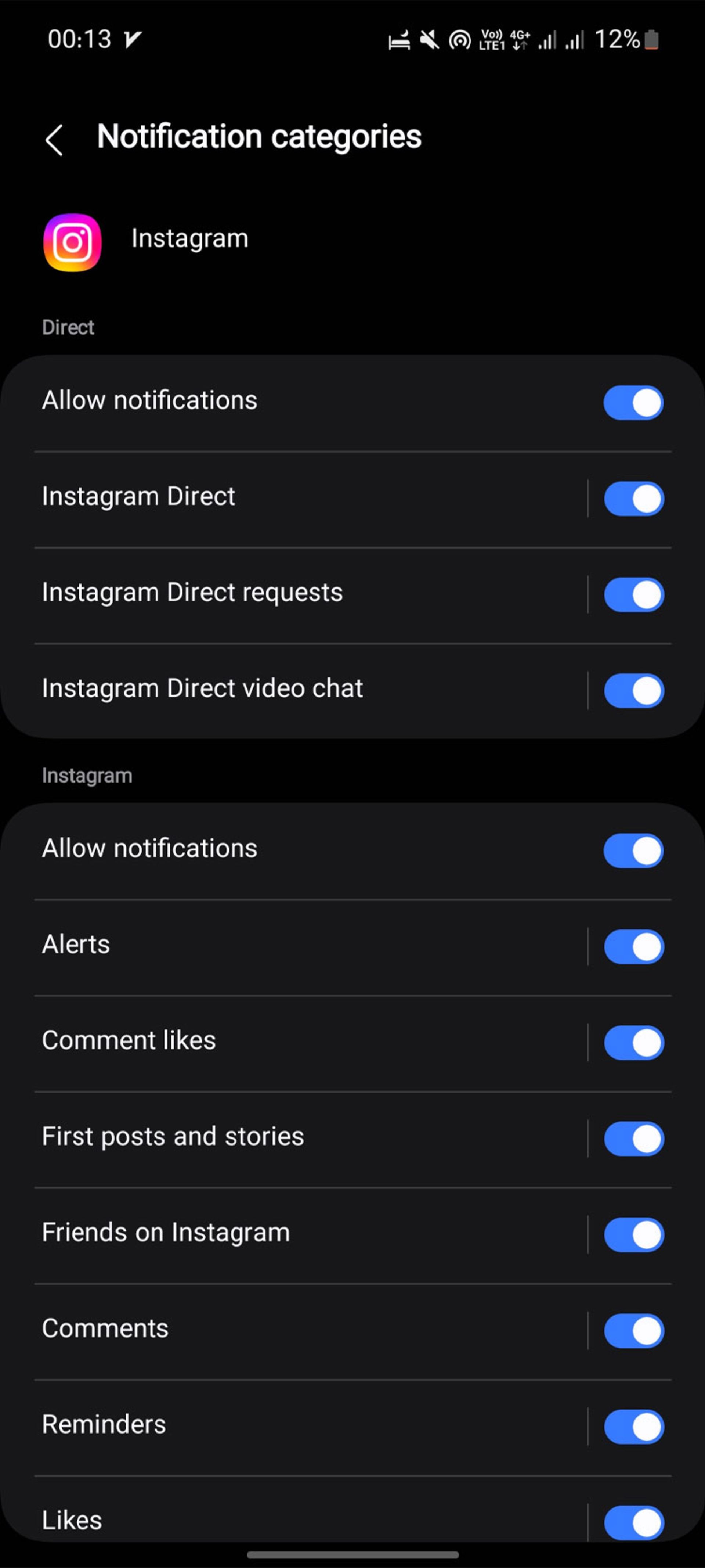 تنظیمات Notification categories