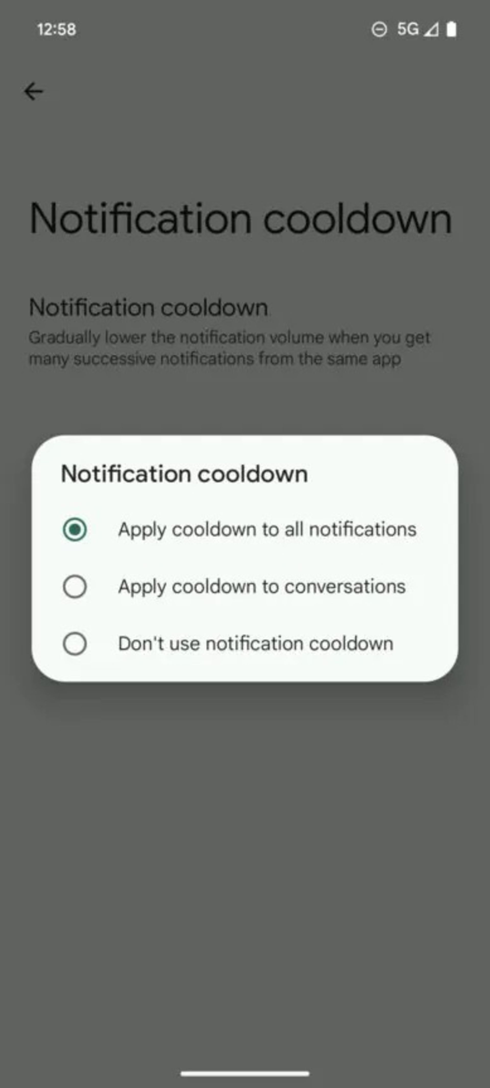 گزینه‌های مختلف بخش جدید اعلانات اندروید ۱۵ موسوم به Notification cooldown