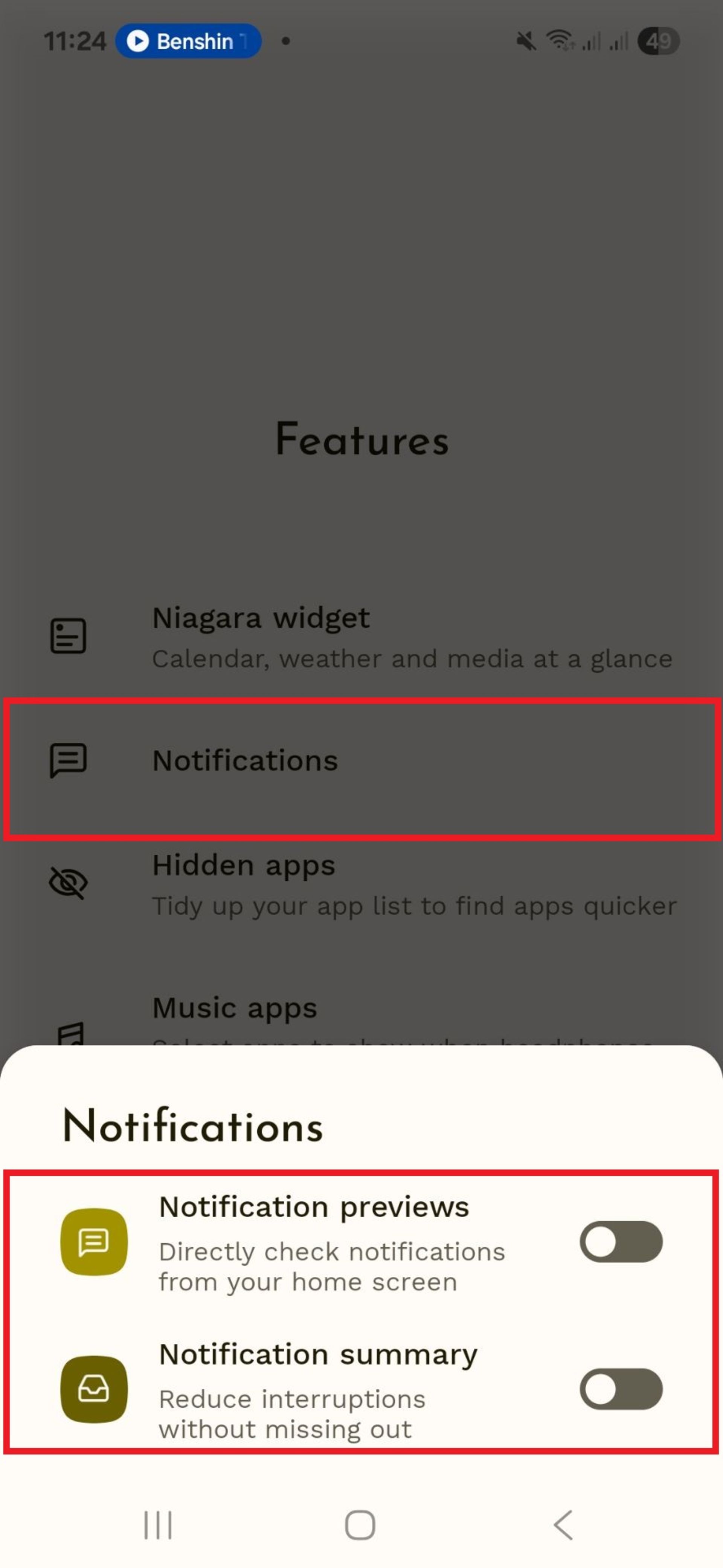 تنظیمات نوتیفیکیشن Niagra Launcher