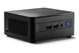 نمای کلی کامپیوتر کوچک NUC 12 Pro SH اینتل و نمایش درگاه‌های پنل جلو و قفل امنیتی پنل چپ
