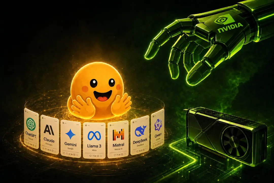 لوگوی هاگینگ فیس (Hugging Face) در میان مدل‌های هوش مصنوعی و بازوی رباتیک انویدیا (NVIDIA)
