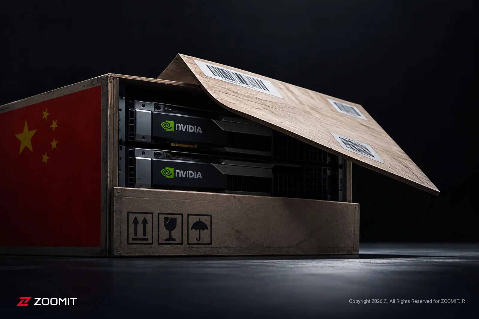 تراشه‌های هوش مصنوعی انویدیا (NVIDIA) درون یک جعبه چوبی با پرچم چین