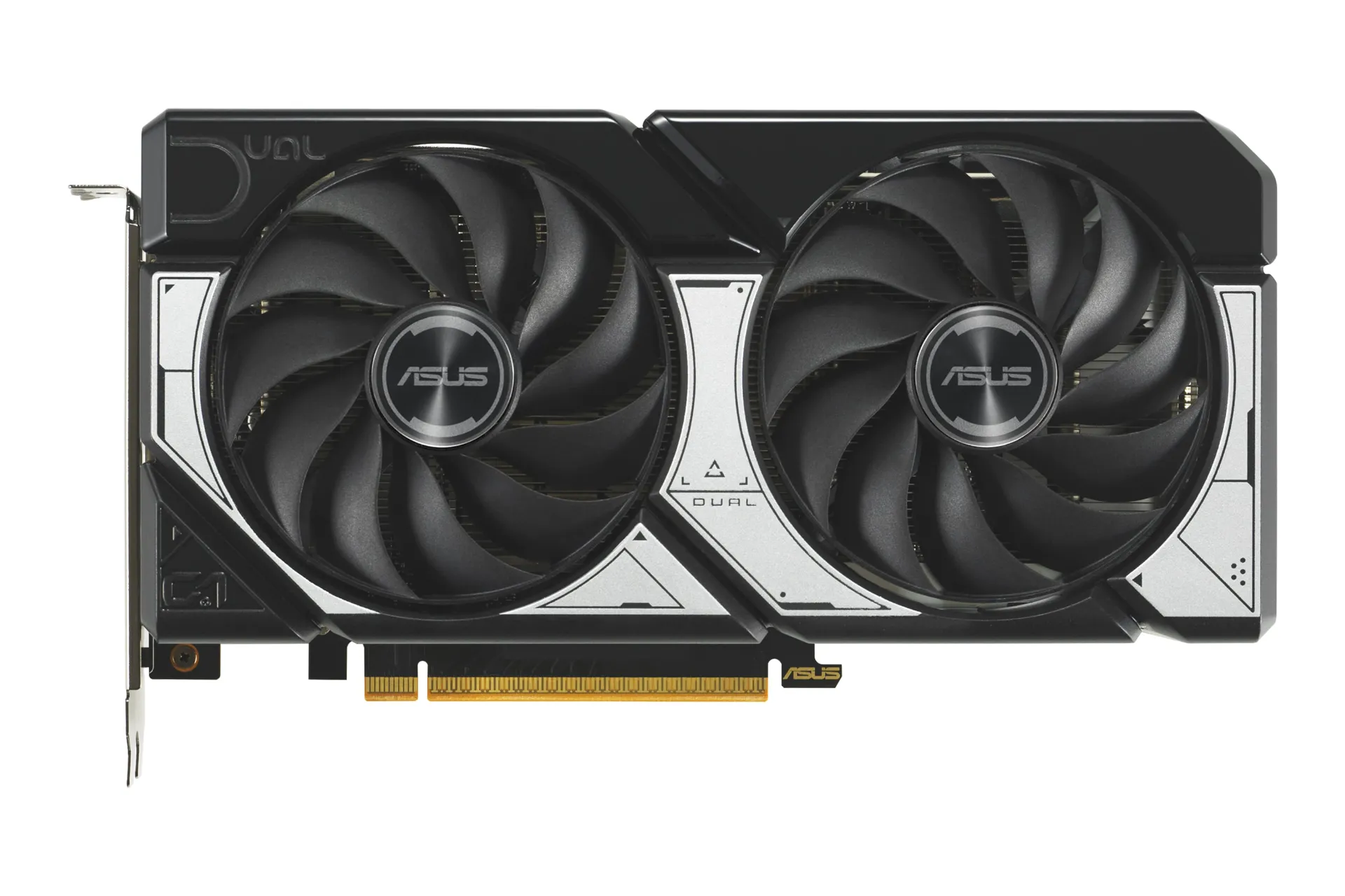 نمای زیر کارت گرافیک انویدیا جی فورس RTX 5060 مدل ASUS DUAL با نمایش لوگو، فن‌ها و کانکتور