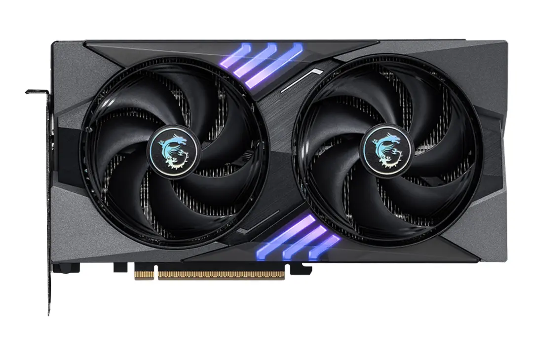 نمای زیر کارت گرافیک انویدیا جی فورس RTX 5060 Ti نسخه 16 گیگابایت مدل MSI GAMING OC با نمایش فن، لوگو و کانکتور