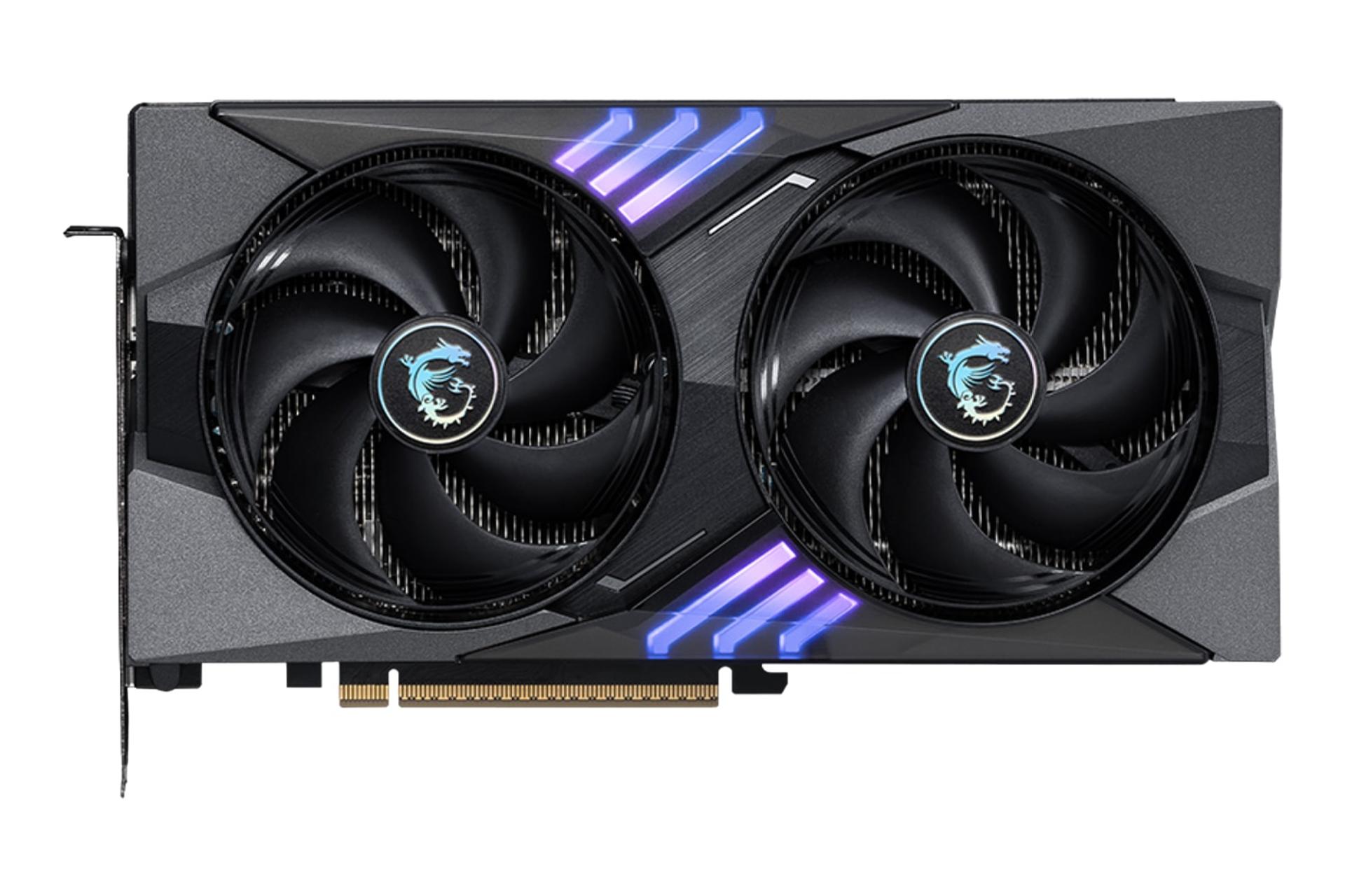 مرجع متخصصين ايران نماي زير كارت گرافيك انويديا جي فورس RTX 5060 Ti نسخه 16 گيگابايت مدل MSI GAMING OC با نمايش فن، لوگو و كانكتور