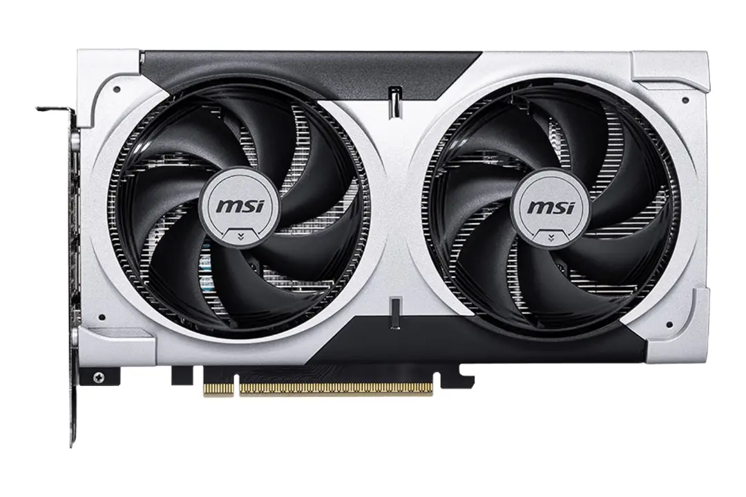 نمای زیر کارت گرافیک انویدیا جی فورس RTX 5060 Ti نسخه 8 گیگابایت مدل MSI VENTUS 2X PLUS با نمایش فن، لوگو و کانکتور