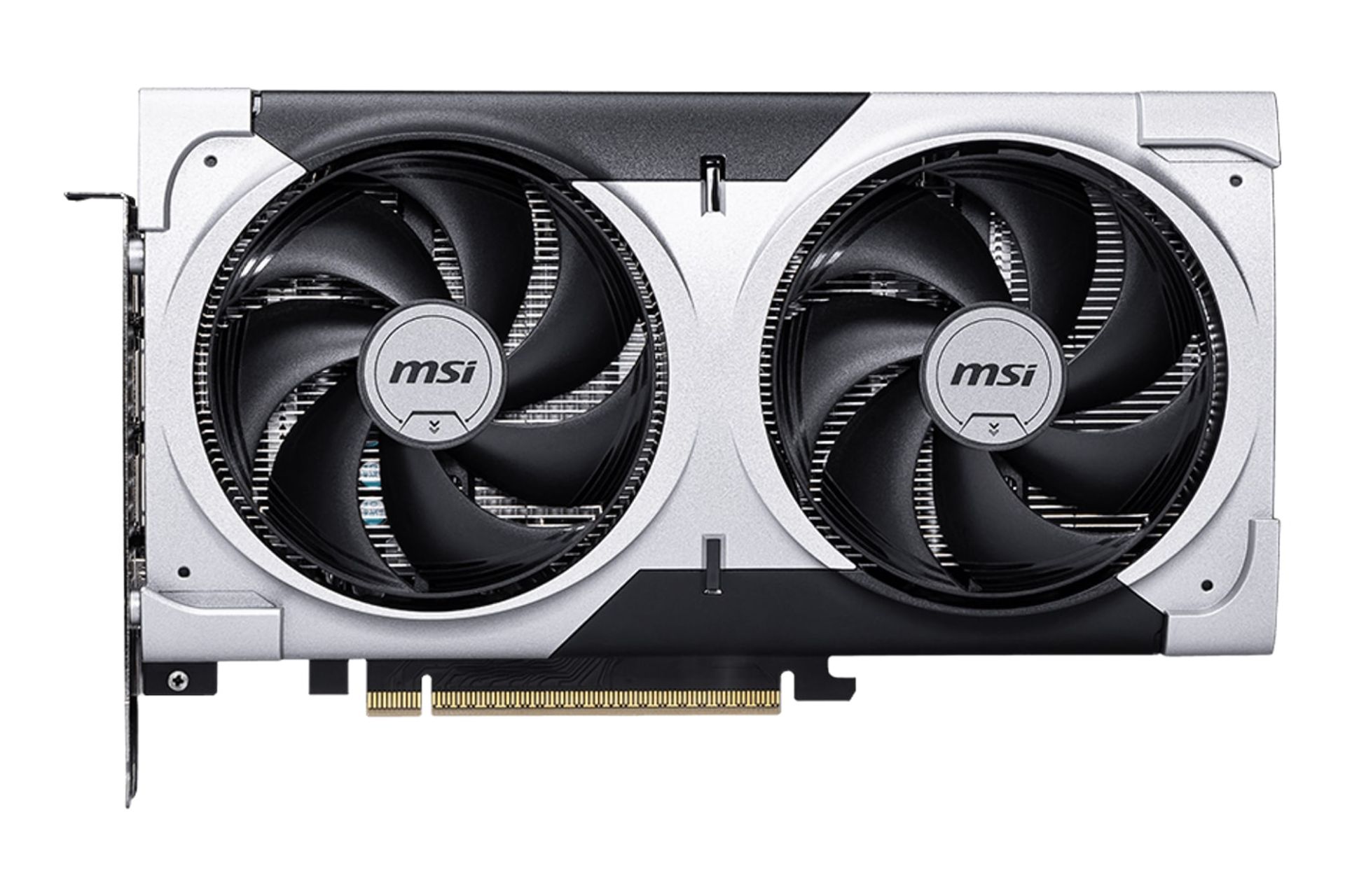 نمای زیر کارت گرافیک انویدیا جی فورس RTX 5060 Ti نسخه 8 گیگابایت مدل MSI VENTUS 2X PLUS با نمایش فن، لوگو و کانکتور