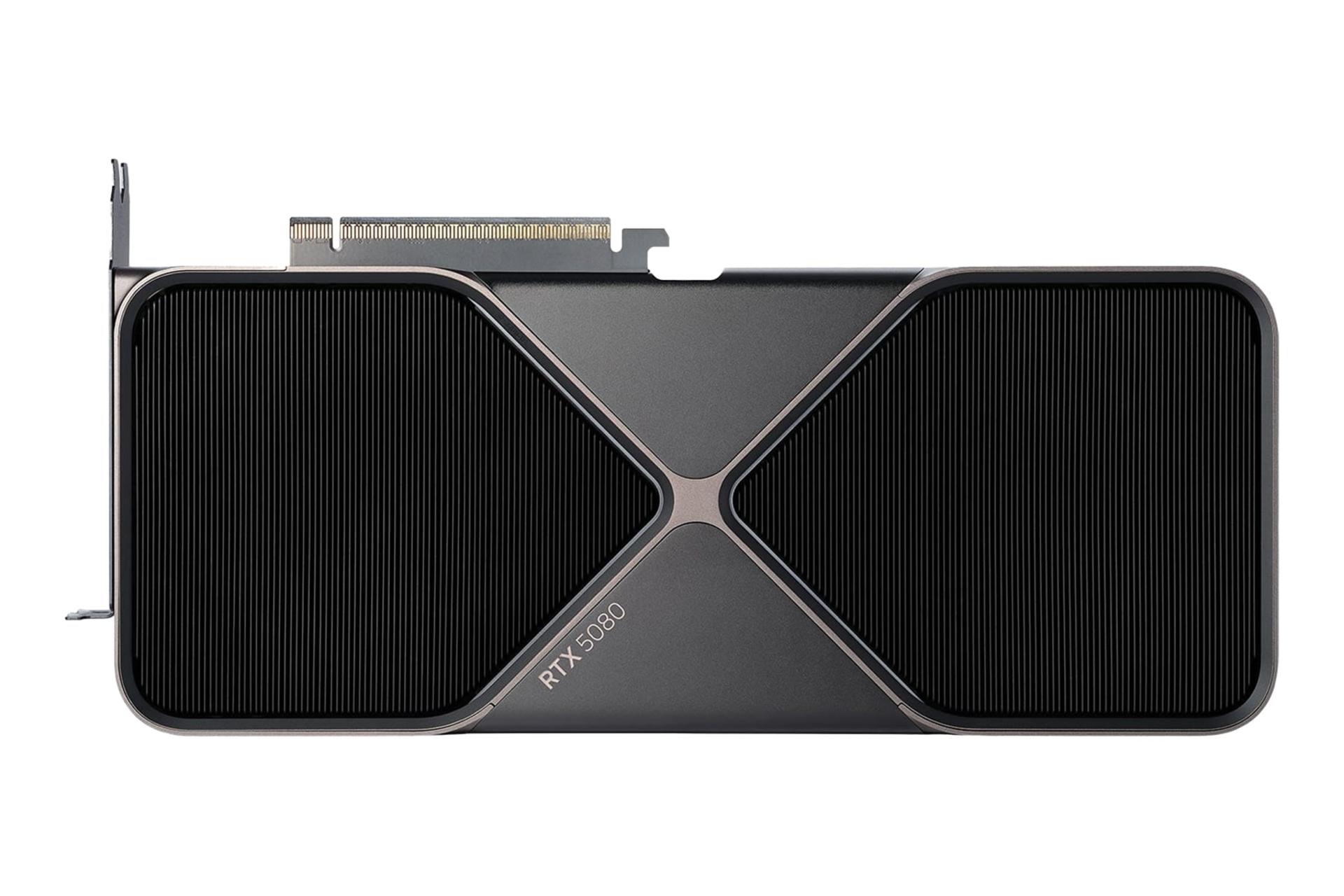 مرجع متخصصين ايران نماي بالاي كارت گرافيك انويديا جي فورس RTX 5080 با نمايش هيت‌سينك، لوگو و كانكتور PCIe