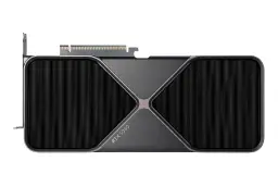 نمای بالای کارت گرافیک انویدیا جی فورس RTX 5080 با نمایش هیت‌سینک، لوگو و کانکتور PCIe