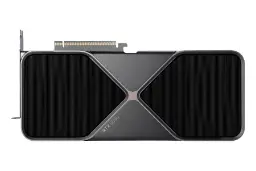 نمای بالای کارت گرافیک انویدیا جی فورس RTX 5090 با نمایش لوگو و هیت‌سینک