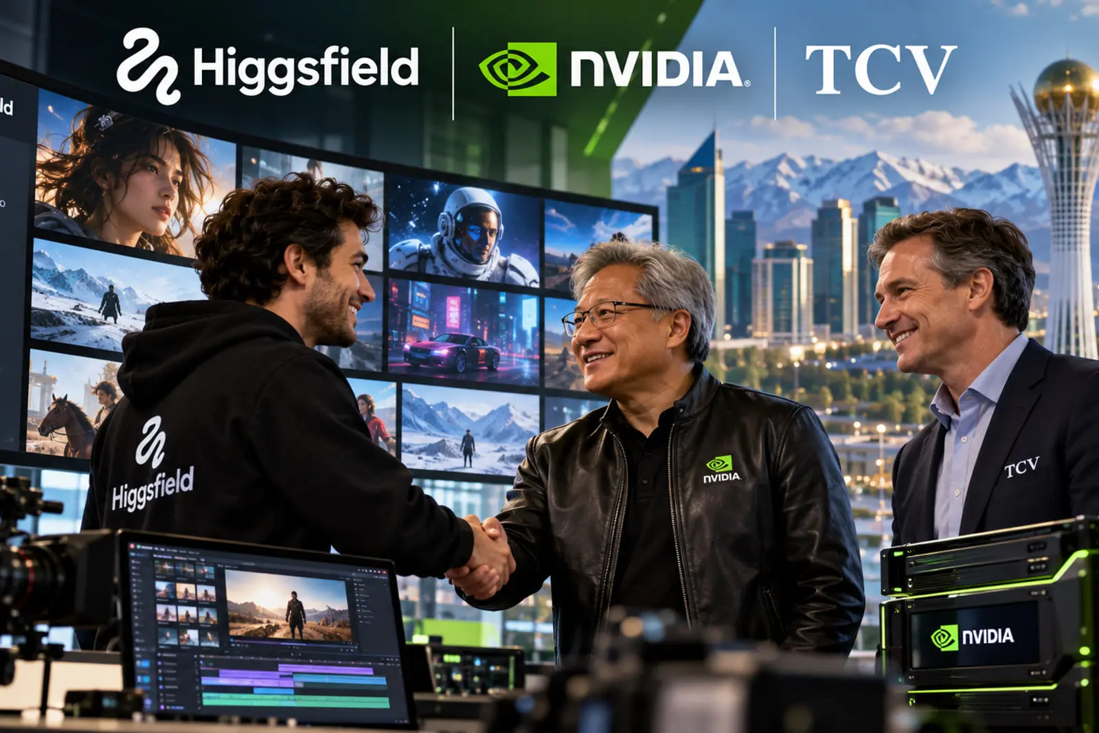 دست دادن مدیران انویدیا (NVIDIA) و استارتاپ Higgsfield در مقابل نمایشگرهای هوش مصنوعی