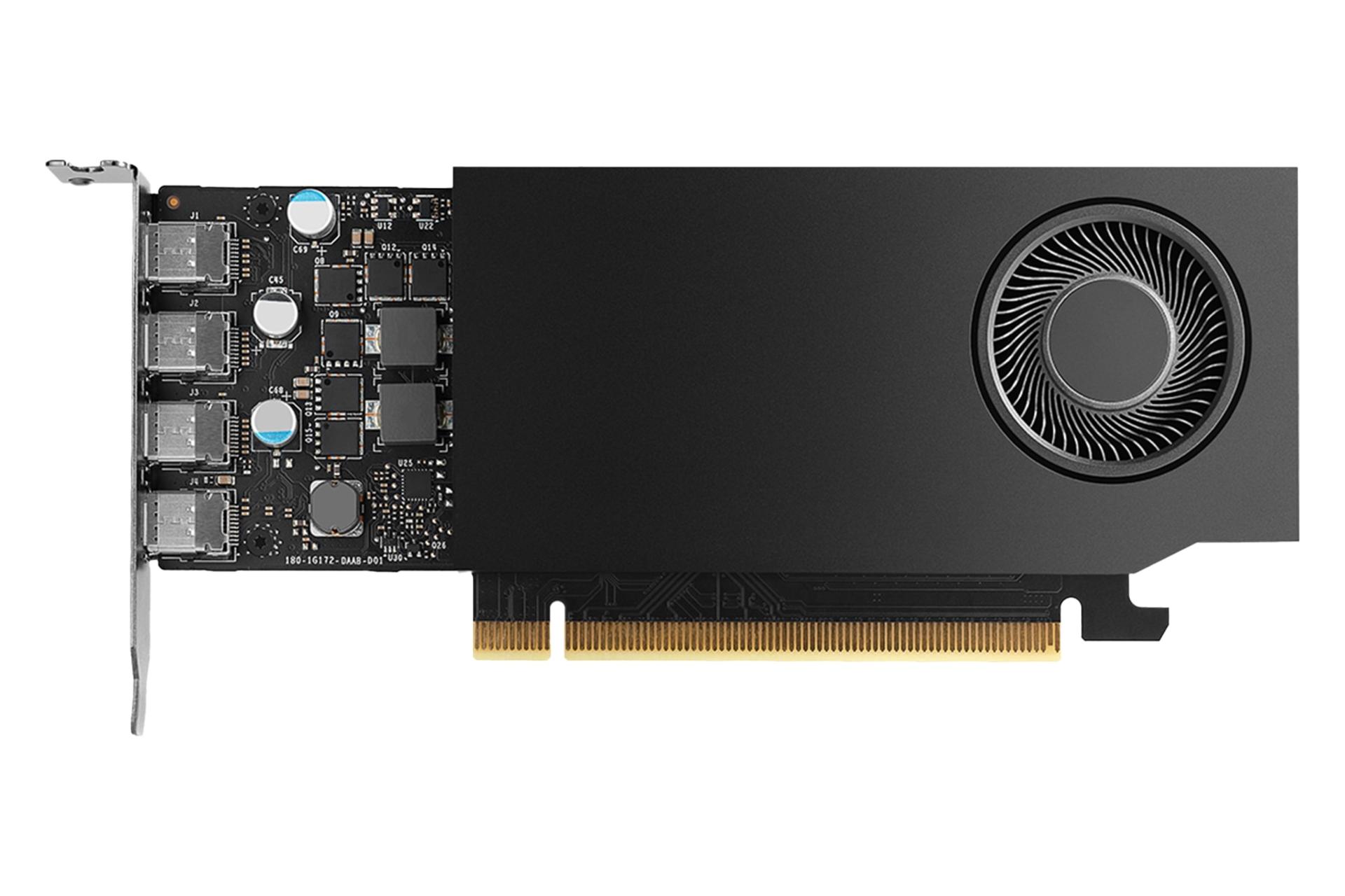 نمای کلی کارت گرافیک انویدیا RTX A1000 با نمایش فن، کانکتور PCIe و PCB