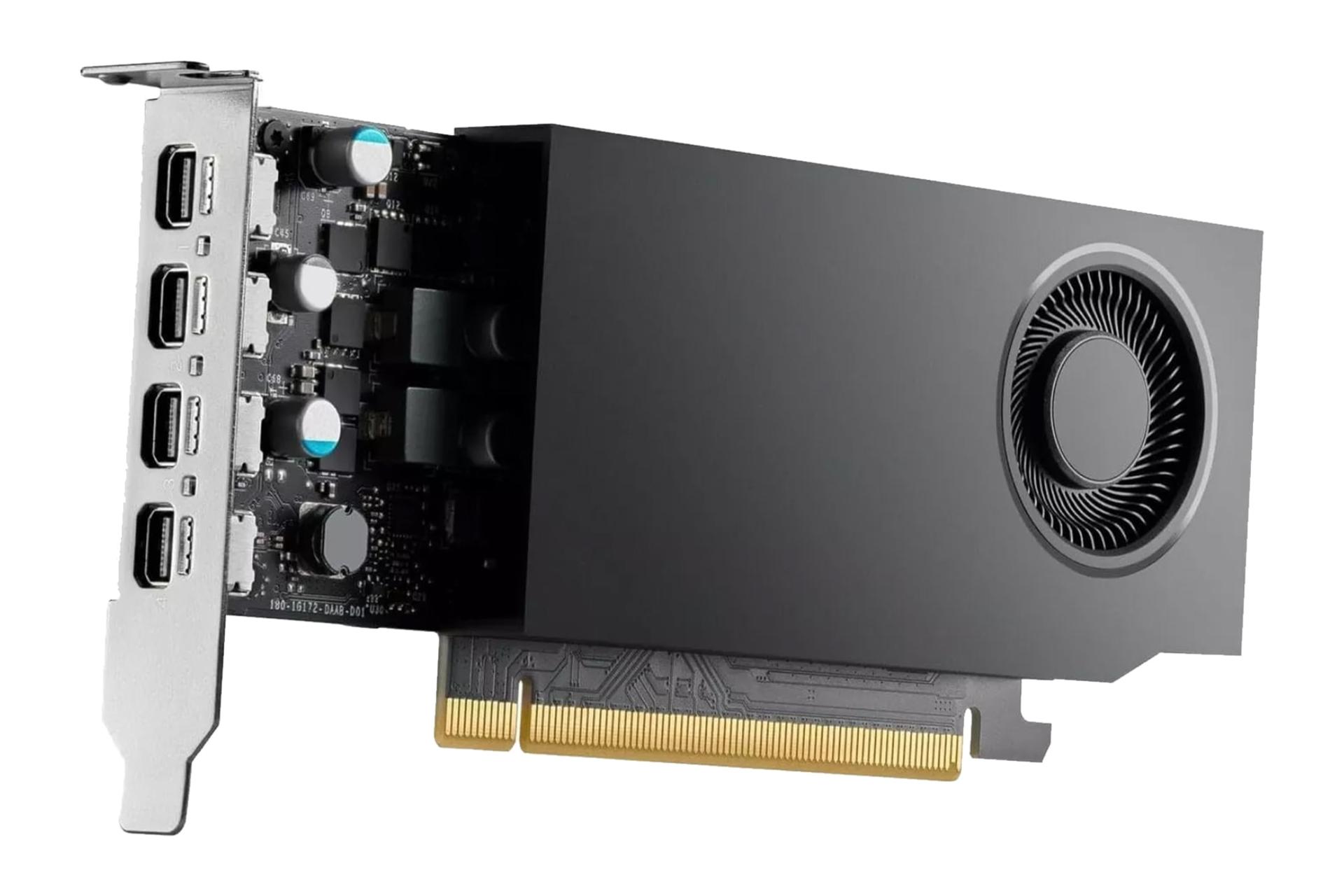 نمای نیمرخ کارت گرافیک انویدیا RTX A400 با نمایش فن، کانکتور، PCB و براکت پشت