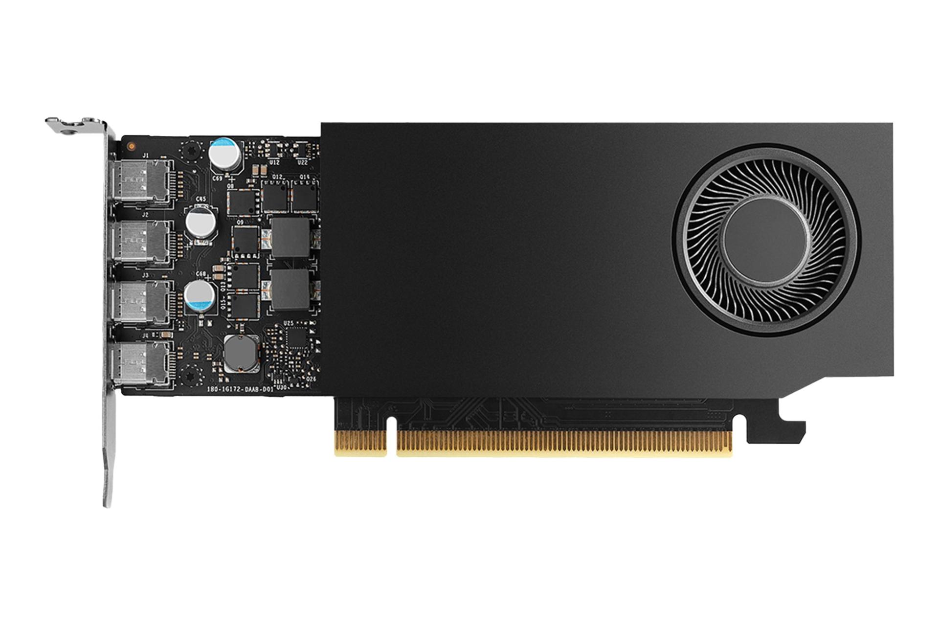 نمای زیر کارت گرافیک انویدیا RTX A400 با نمایش فن، کانکتور و PCB