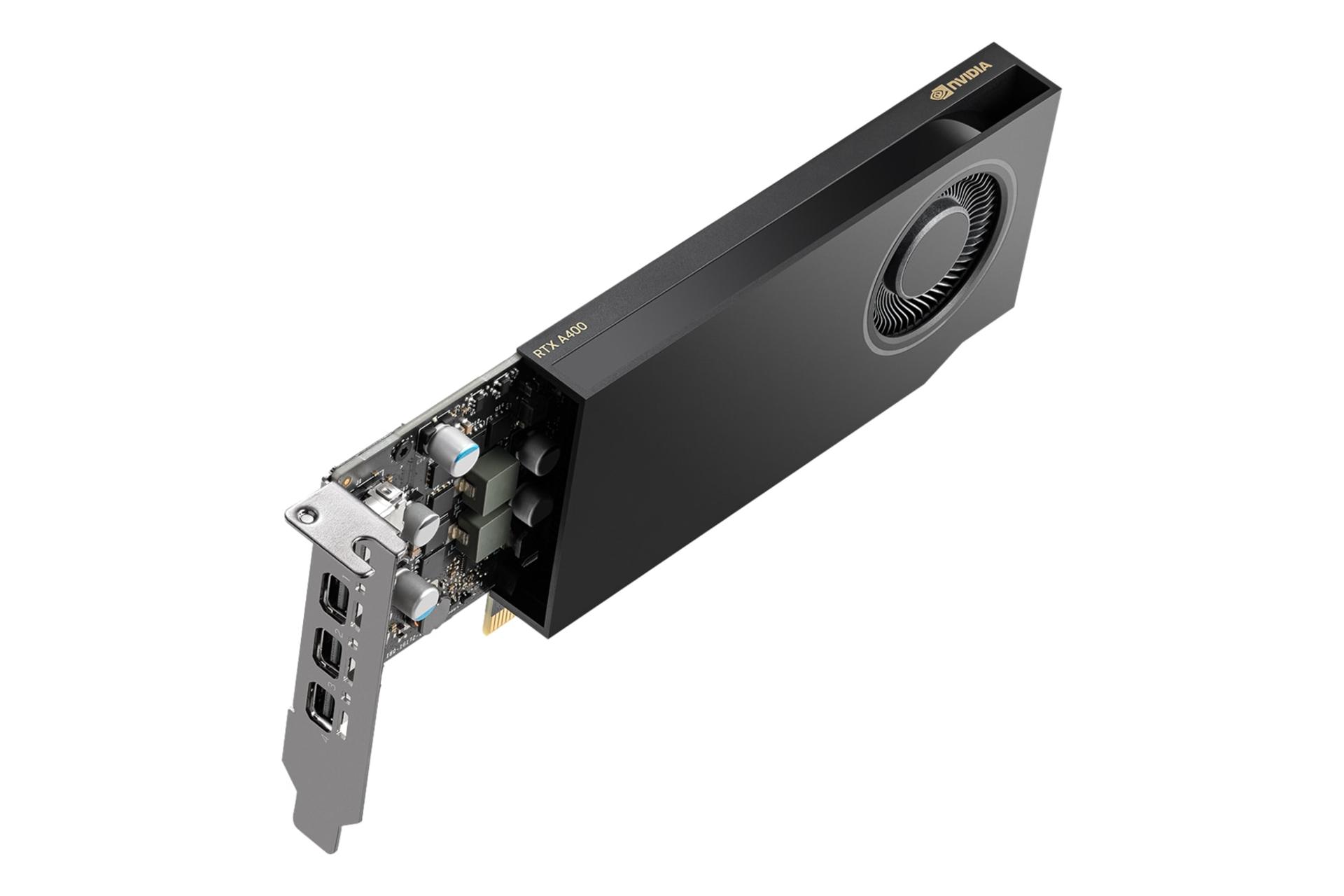 نمای لبه کناری کارت گرافیک انویدیا RTX A400 با نمایش لوگو و براکت پشت