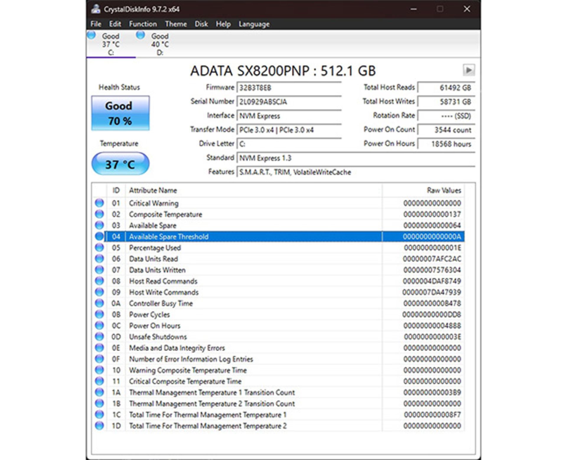 اسکرین‌شاتی از نرم‌افزار CrystalDiskInfo مربوط به داده‌های SSD از نوع NVMe