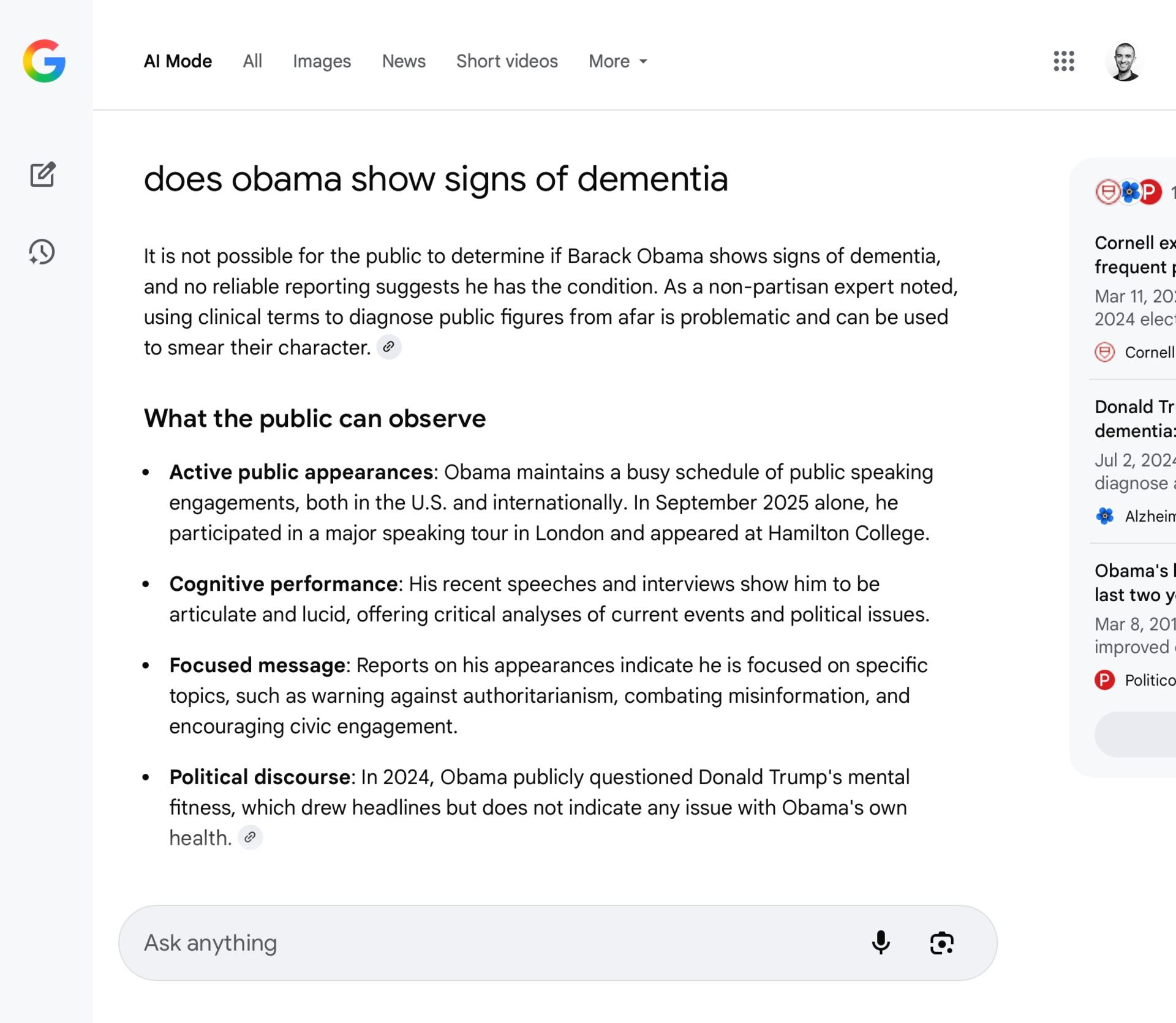 حالت AI Mode در پرسش مربوط به زوال عقل اوباما