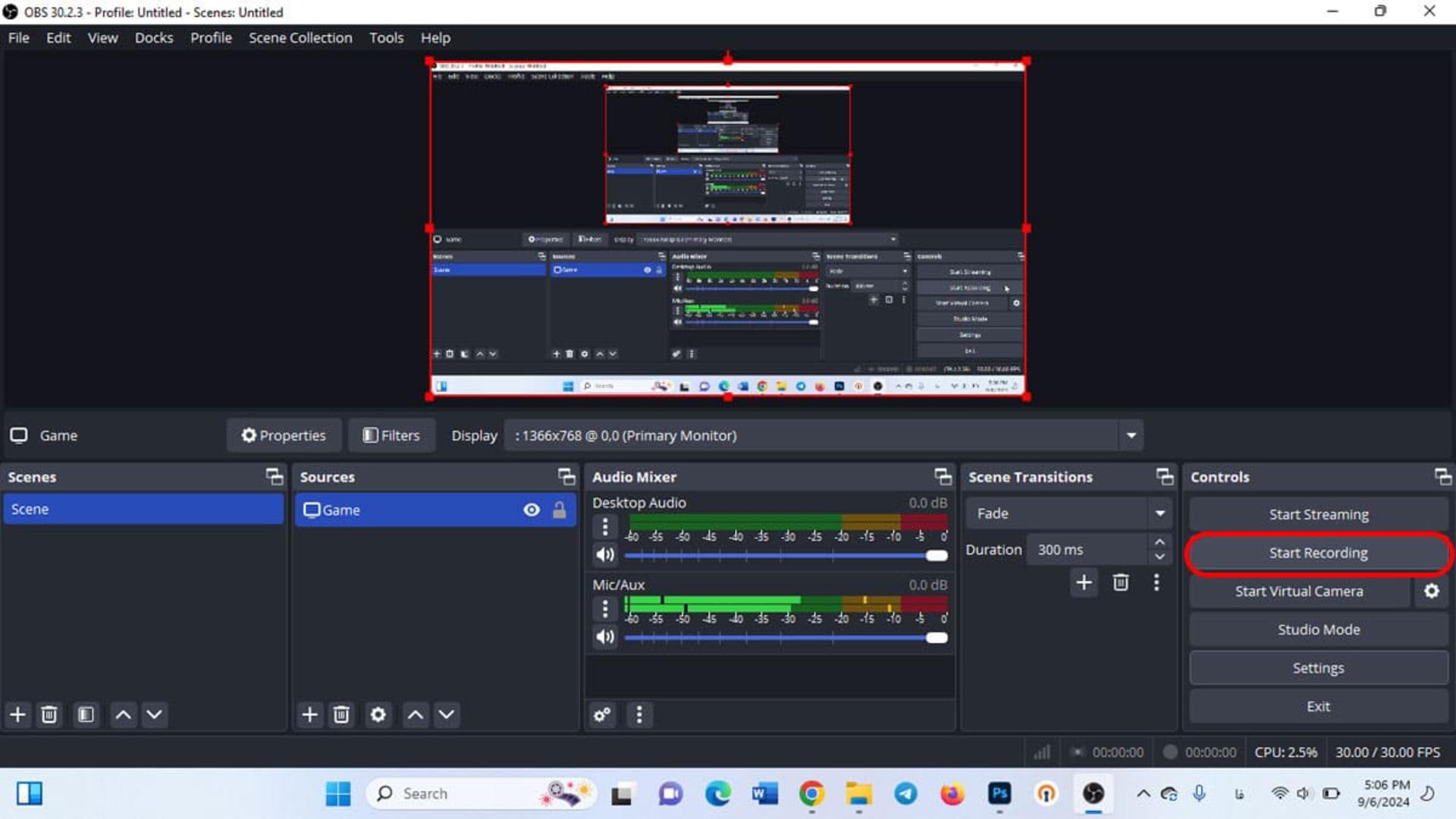 انتخاب دکمه‌ Start Recording در نرم افزار obs