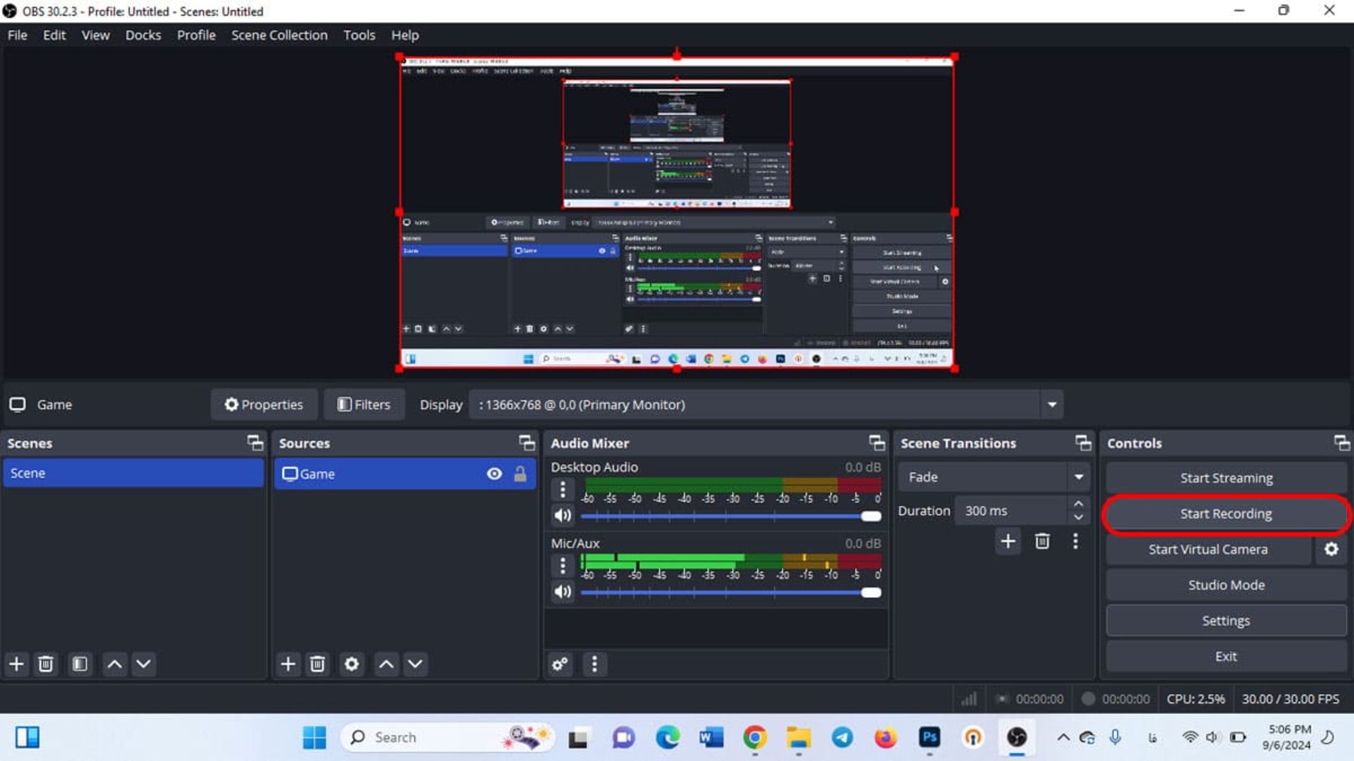 انتخاب دکمه‌ Start Recording در نرم افزار obs