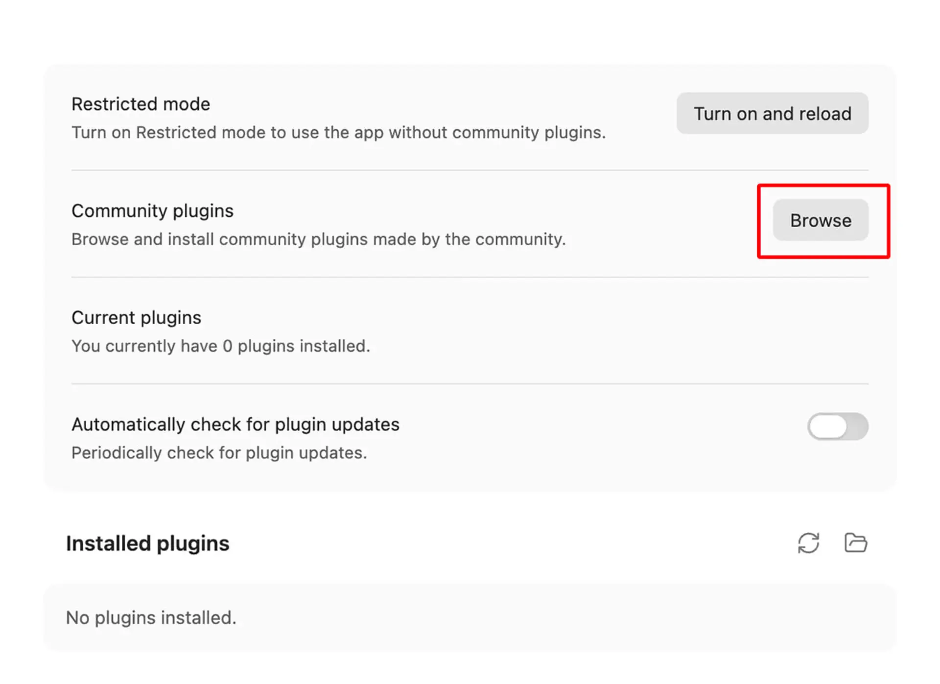منوی تنظیمات پلاگین‌های جامعه (Community plugins) در نرم‌افزار ابسیدین (Obsidian)