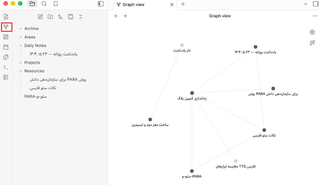 نمای گراف (Graph view) در نرم‌افزار ابسیدین (Obsidian) برای مدیریت دانش