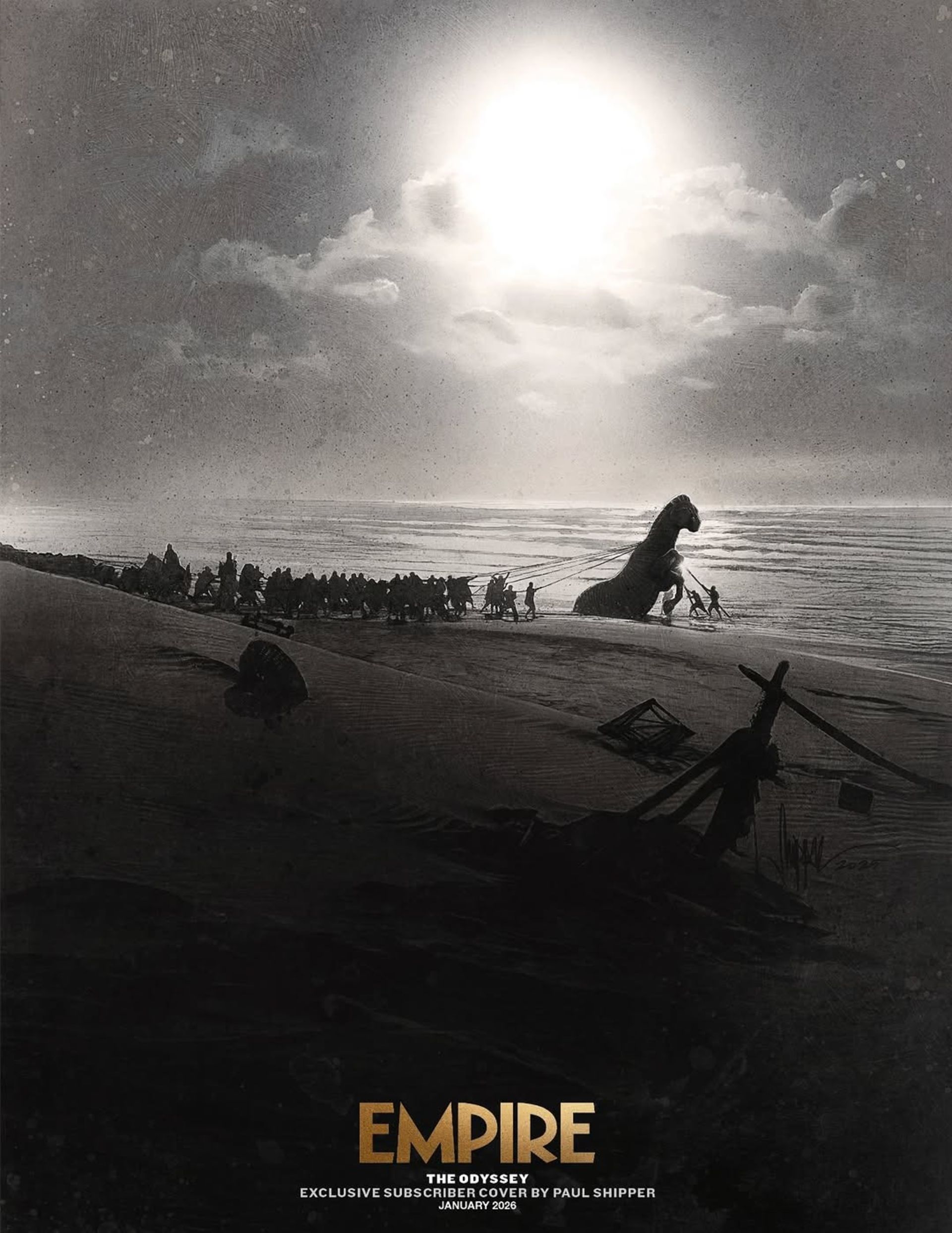 چند سرباز در کنار ساحل در حال بیرون آوردن اسب چوبی بزرگ از دریا