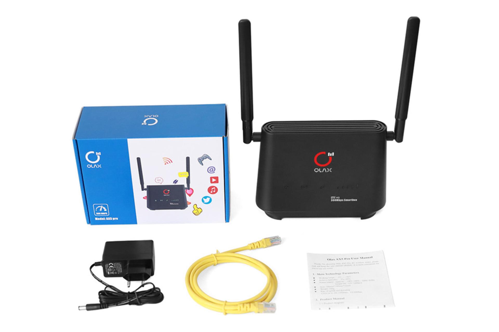 مودم و روتر سیم‌ کارتی اولاکس Olax AX5 PRO با جعبه و اقلام همراه
