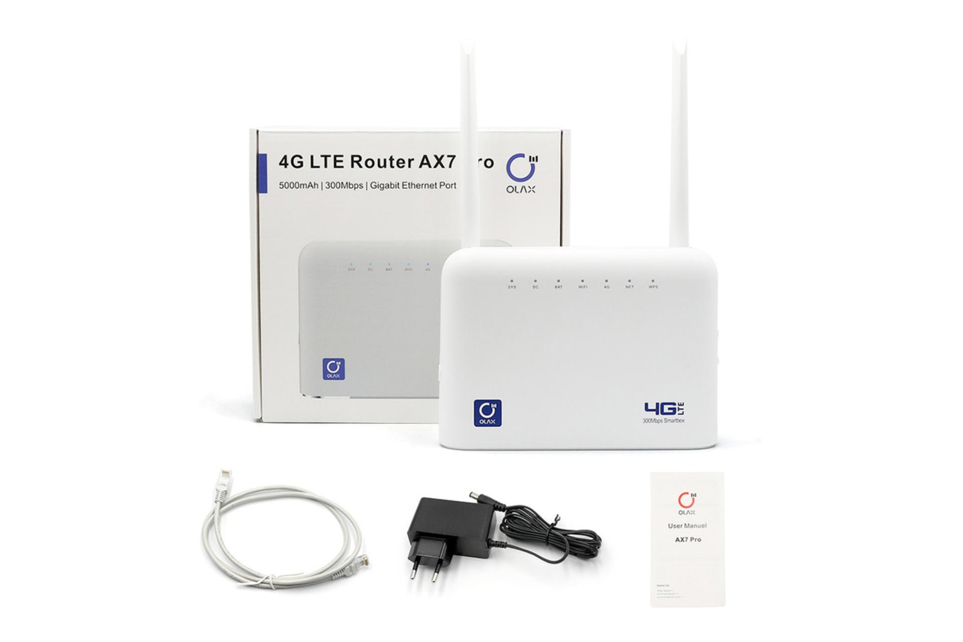 مودم و روتر سیم‌ کارتی اولاکس Olax AX7 PRO با جعبه و اقلام همراه