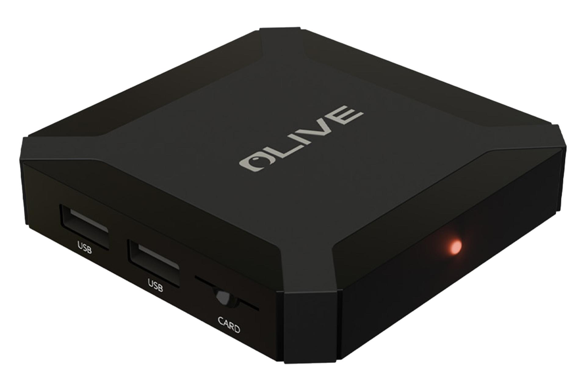 نمای نیمرخ اندروید باکس الیو UHD40 با نمایش لبه جلویی، لوگو و درگاه‌های لبه سمت چپ