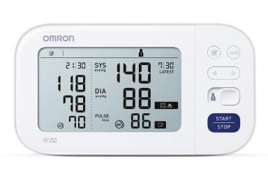 نمای روبه‌روی دستگاه فشار خون امرون M6 Comfort با نمایش دکمه‌ها، نمایشگر و لوگو