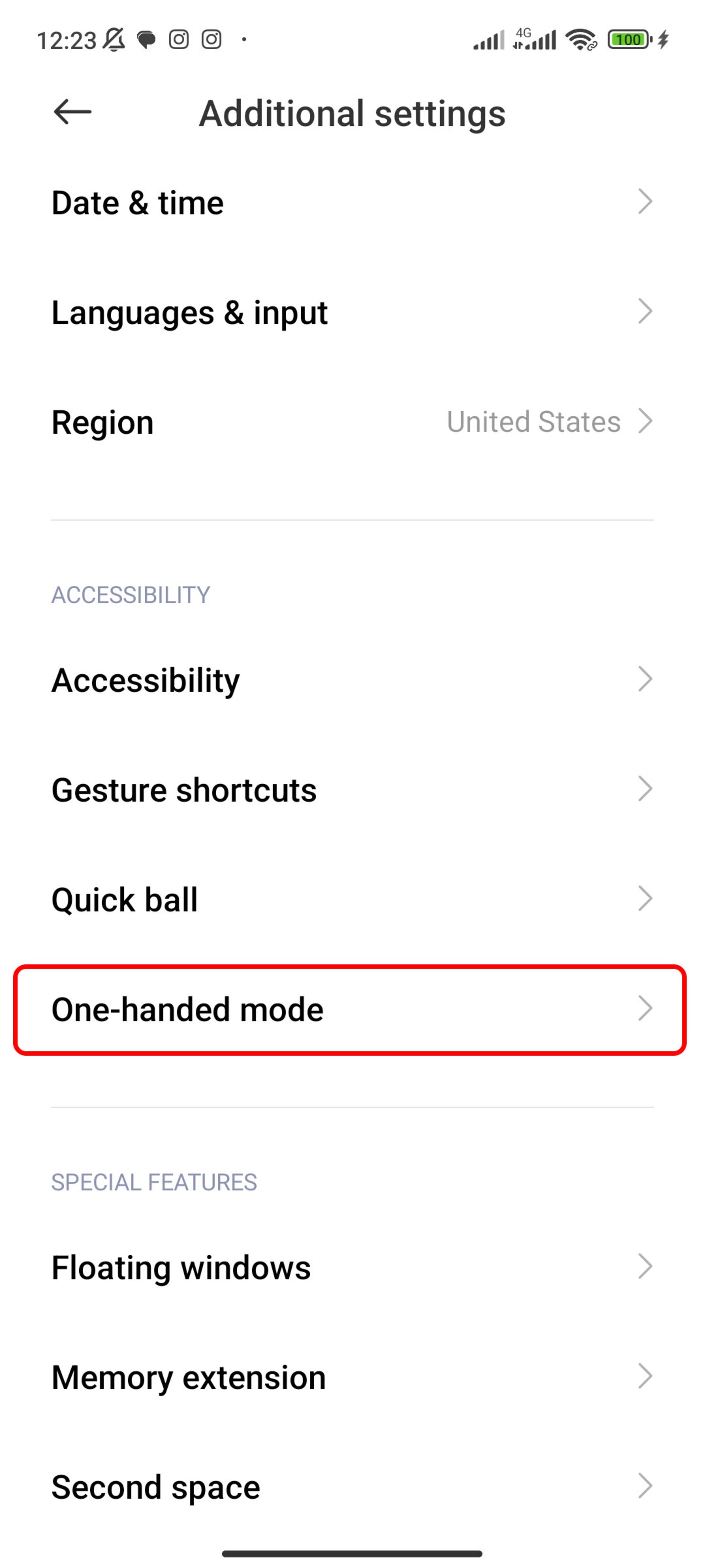 صفحه additional settings و ورود به بخش one-handed mode شیائومی