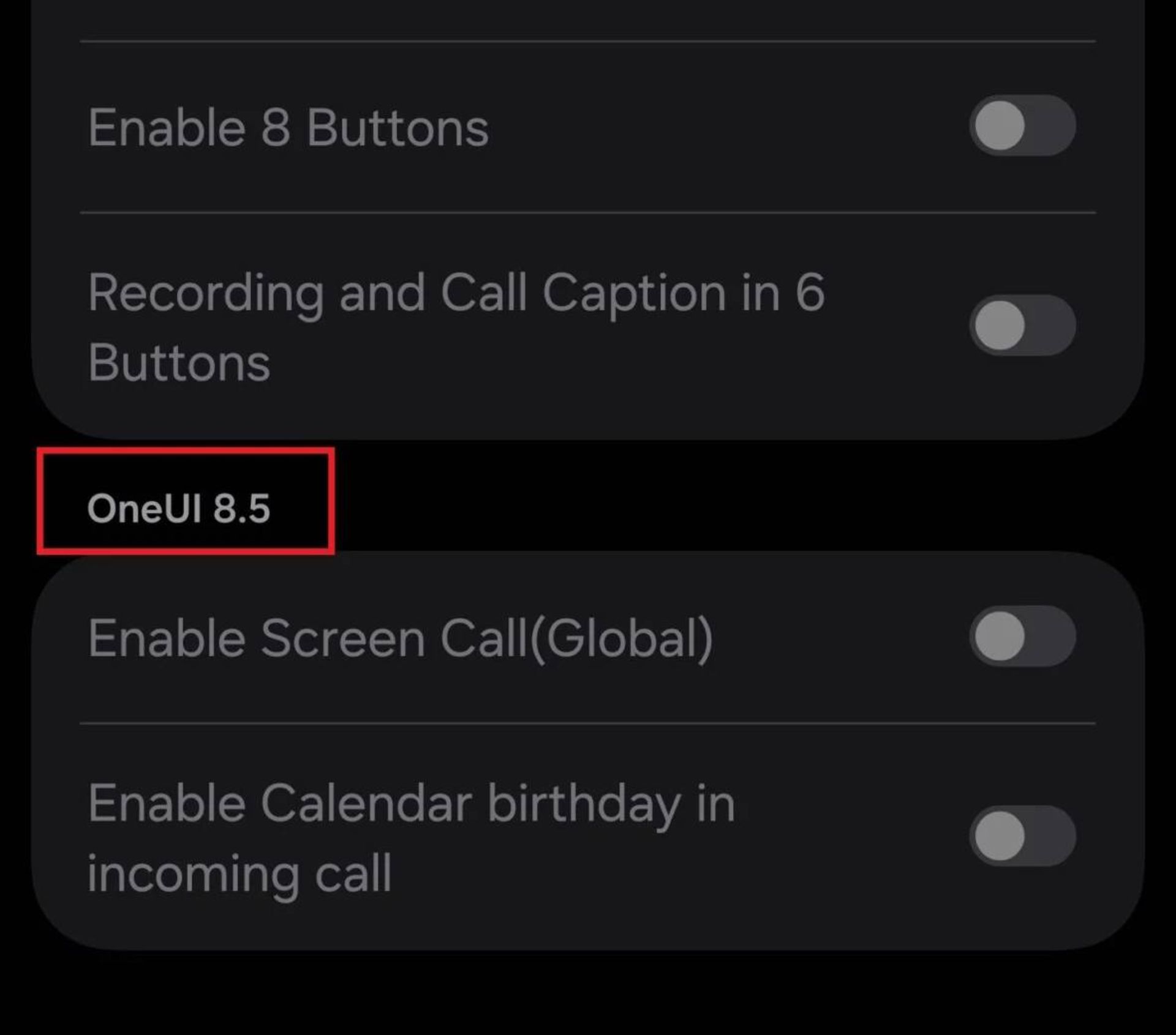 نسخه one ui 8.5 در منوی مخفی اپلیکیشن تلفن سامسونگ 