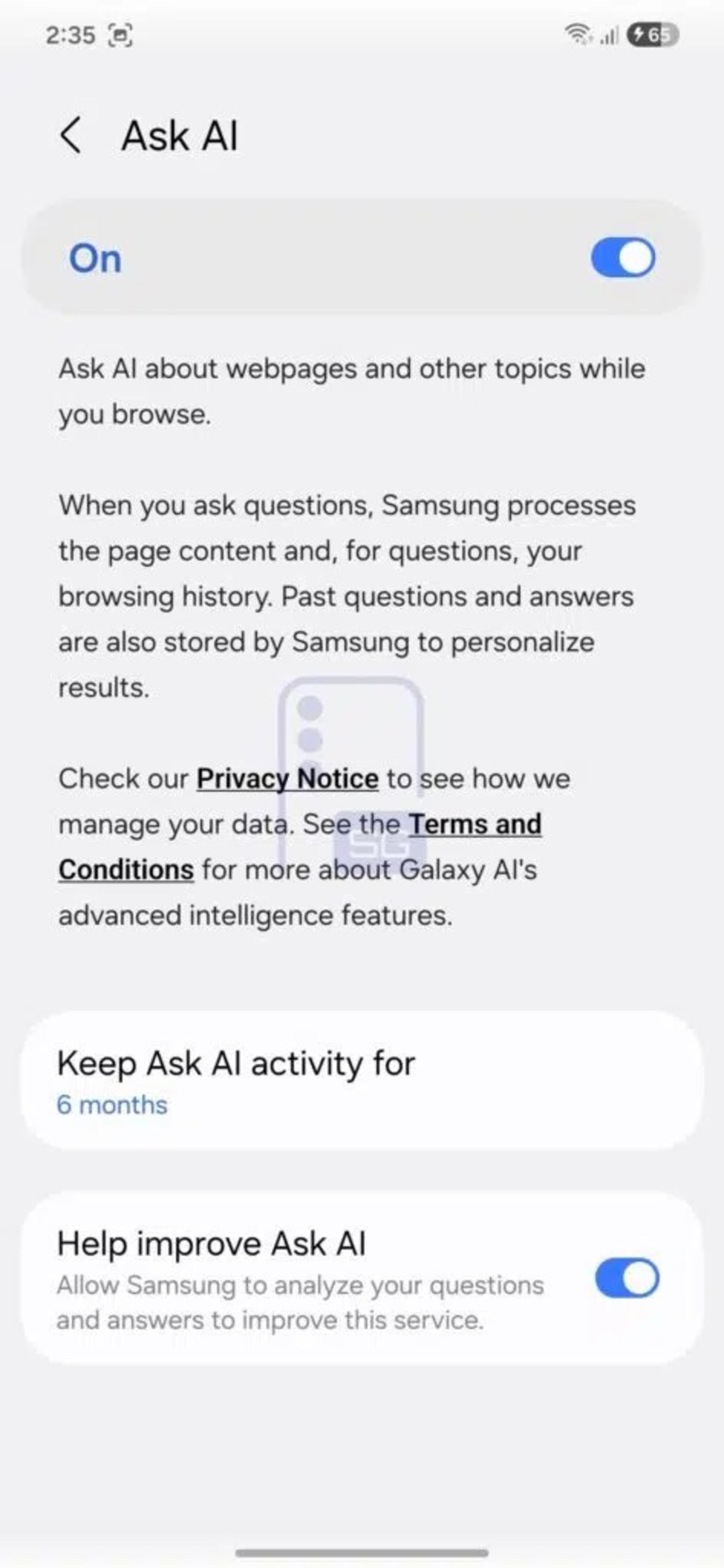 تنظیمات Ask AI در مرورگر سامسونگ