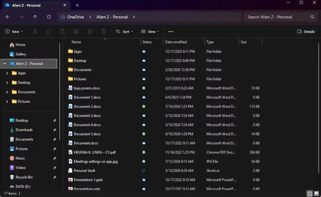 فایل‌ها و پوشه‌های موجود در پوشه شخصی OneDrive (وان درایو)