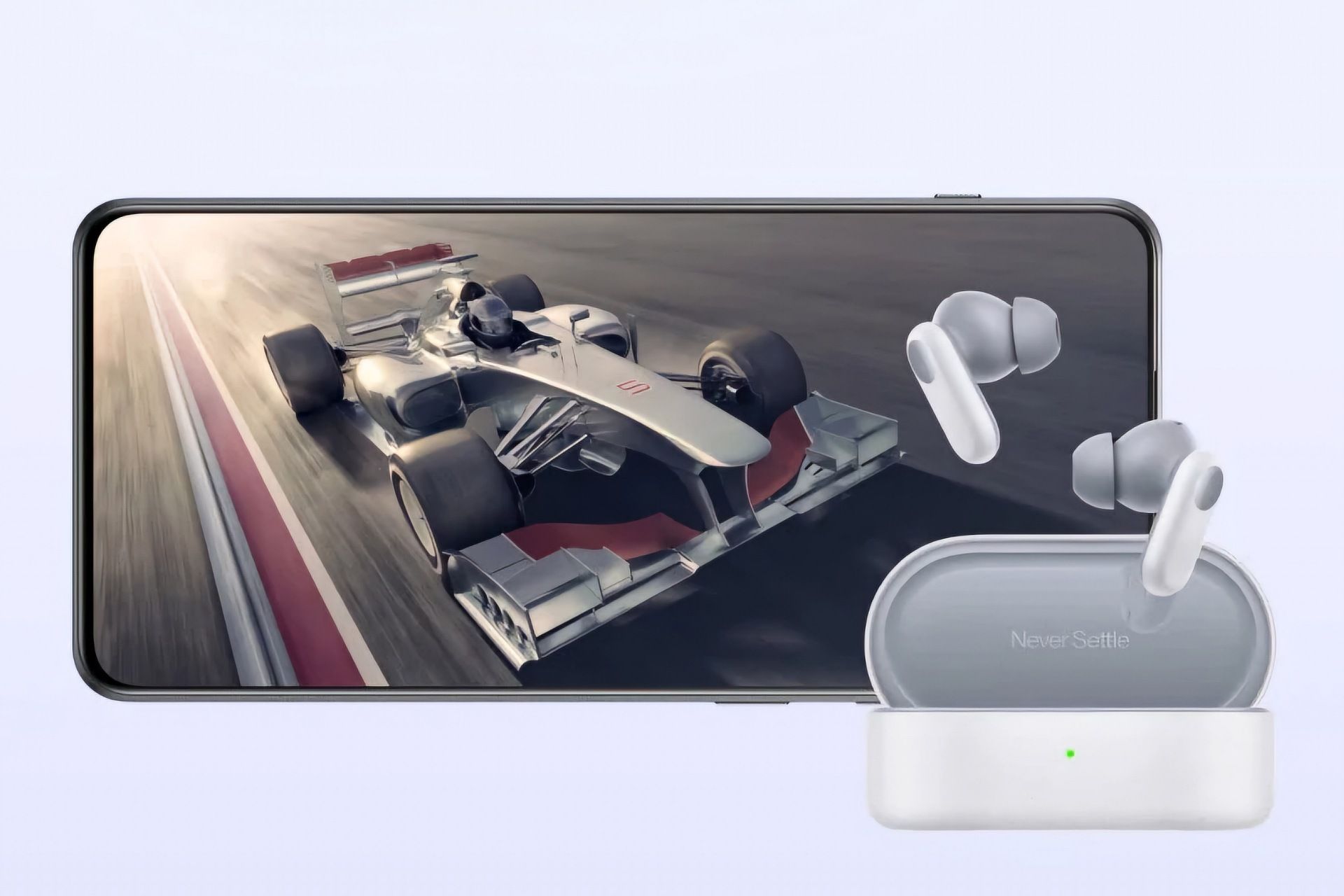 هندزفری OnePlus Buds V در کنار ماشین مسابقه‌ای