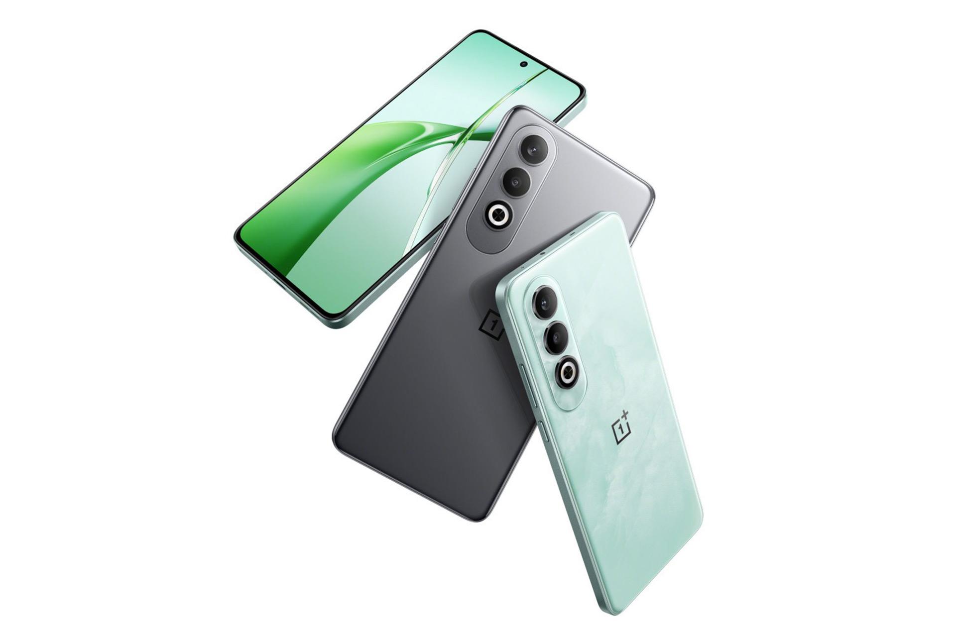 نمایی از گوشی OnePlus Nord CE4 در دو رنگ سبز یشمی و خاکستری