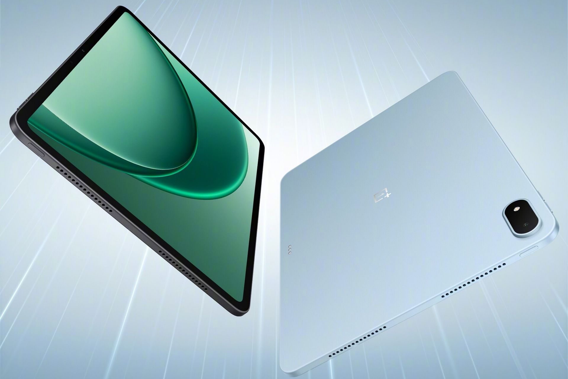 دو عدد تبلت وان‌پلاس پد ۲ کنار هم درحال حرکت در هوا