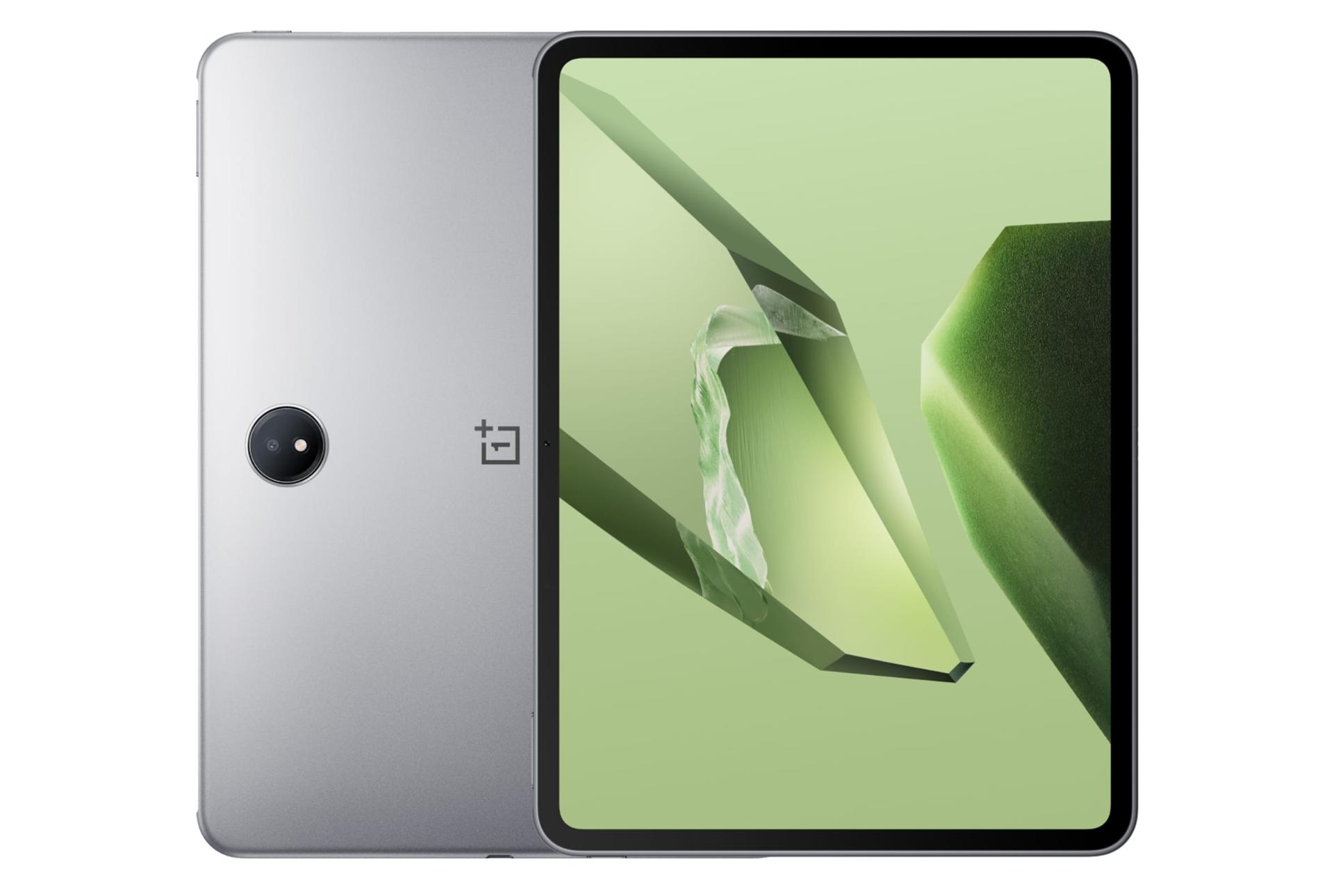 نمای کلی تبلت وان پلاس پد 3 / OnePlus Pad 3 با نمایشگر روشن و نمایش دوربین و لوگوی پنل پشت رنگ خاکستری