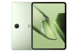 نمای کلی تبلت وان پلاس پد 3 / OnePlus Pad 3 با نمایشگر روشن و نمایش دوربین و لوگوی پنل پشت رنگ سبز
