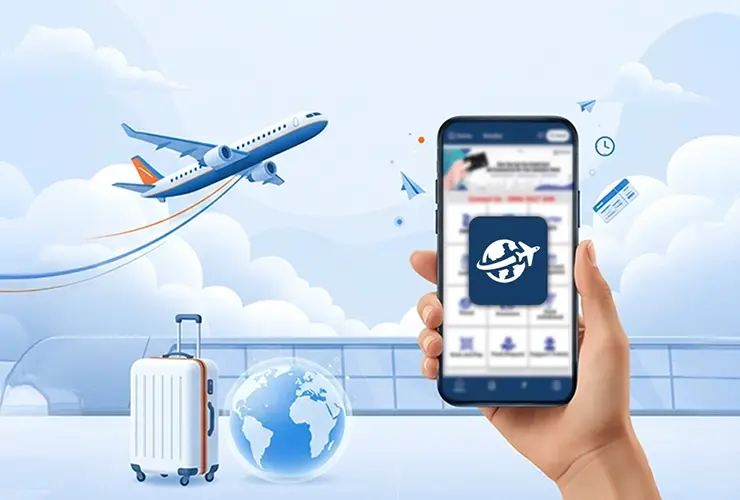 اپلیکیشن خرید بلیط هواپیما در کنار هواپیما و چمدان مسافرتی