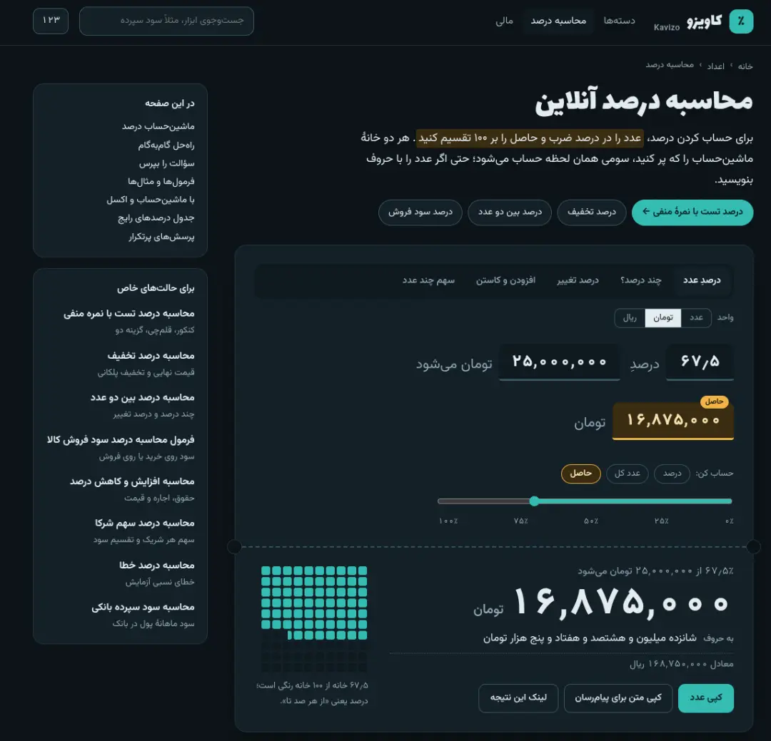 رابط کاربری ابزار محاسبه درصد آنلاین در سایت کاویزو (Kavizo)