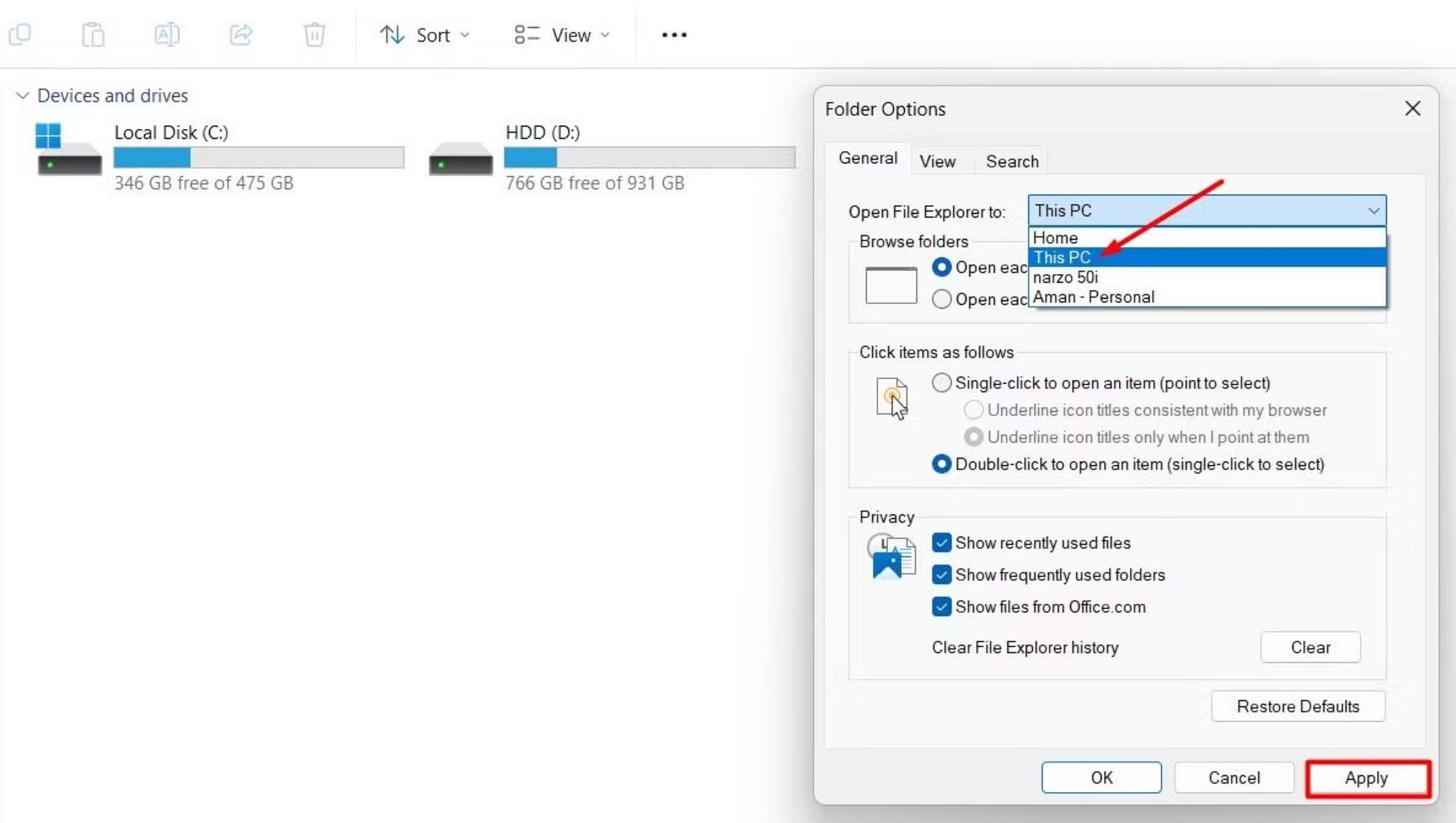 بخش Folder Options در فایل اکسپلورر ویندوز ۱۱
