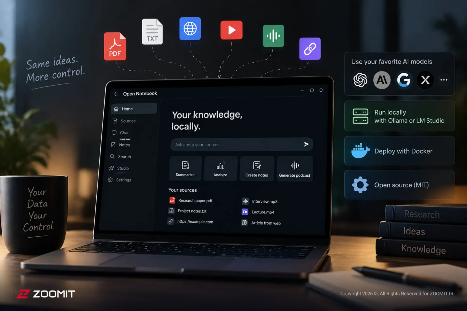 پنل کاربری Open Notebook با قابلیت تحلیل فایل‌های PDF و متن