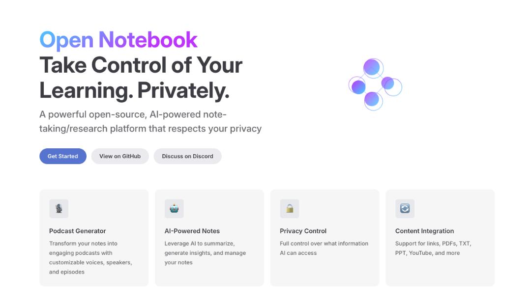 نمای صفحه اصلی پلتفرم متن‌باز Open Notebook با قابلیت‌های هوش مصنوعی