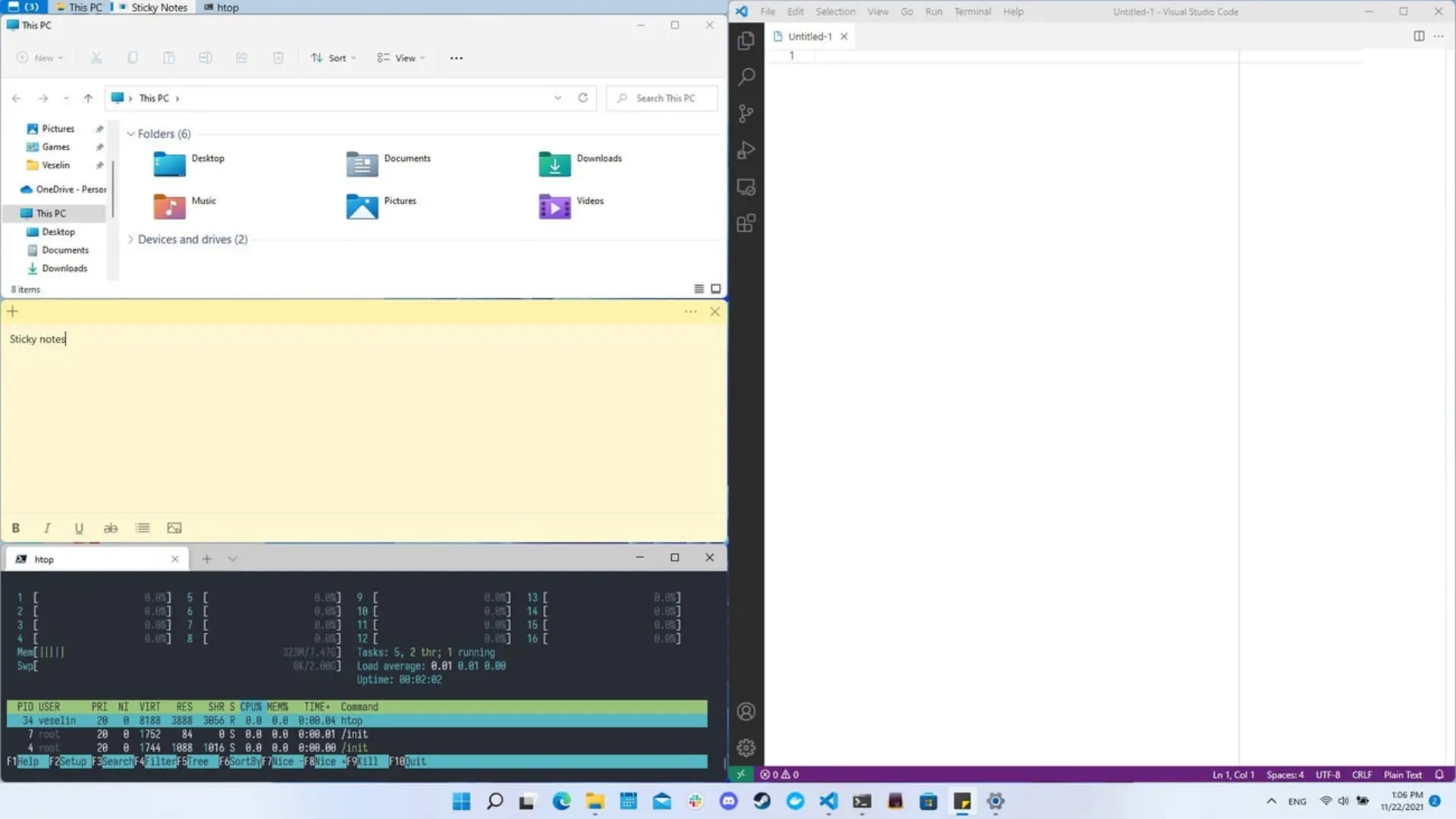 رابط کاربری ویندوز شامل پنجرههای فایل اکسپلورر، استیکی نوت و ابزار htop