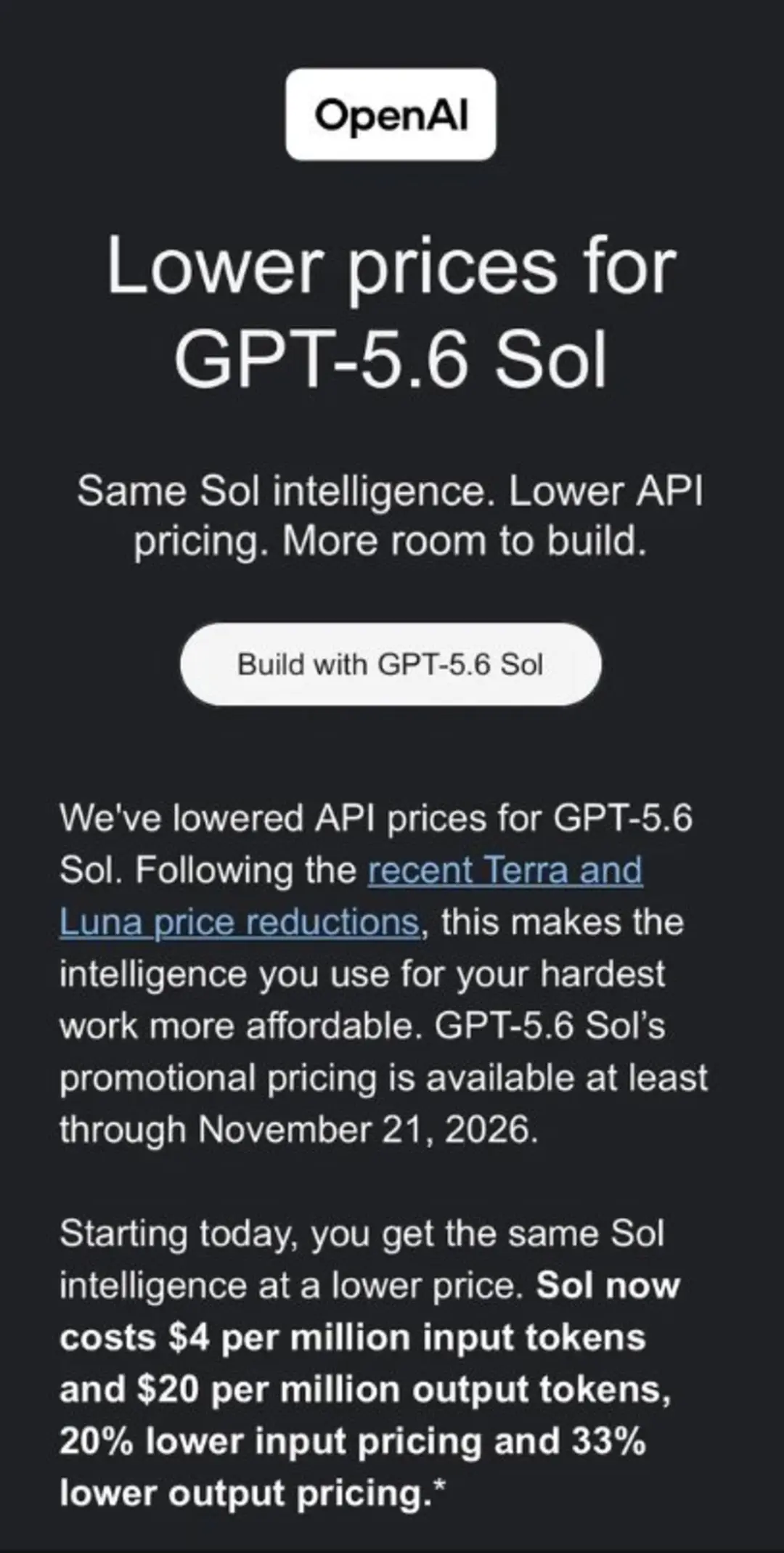 متن اعلامیه کاهش قیمت API مدل GPT-5.6 Sol از سوی شرکت OpenAI