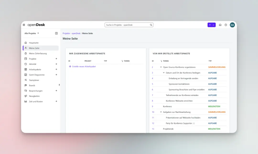 پنل مدیریت پروژه‌ها در نرم‌افزار openDesk با فهرست وظایف و بسته‌های کاری